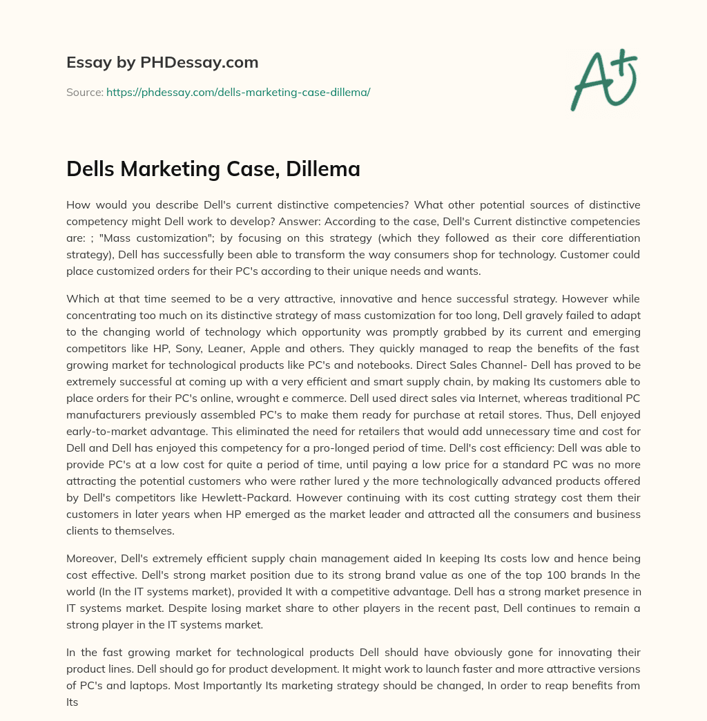 Dells Marketing Case, Dillema essay