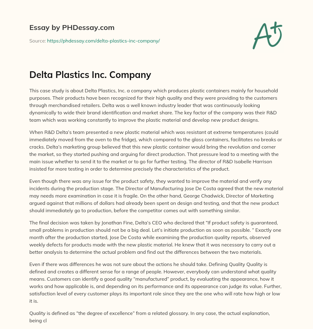 Delta Plastics Inc. Company essay