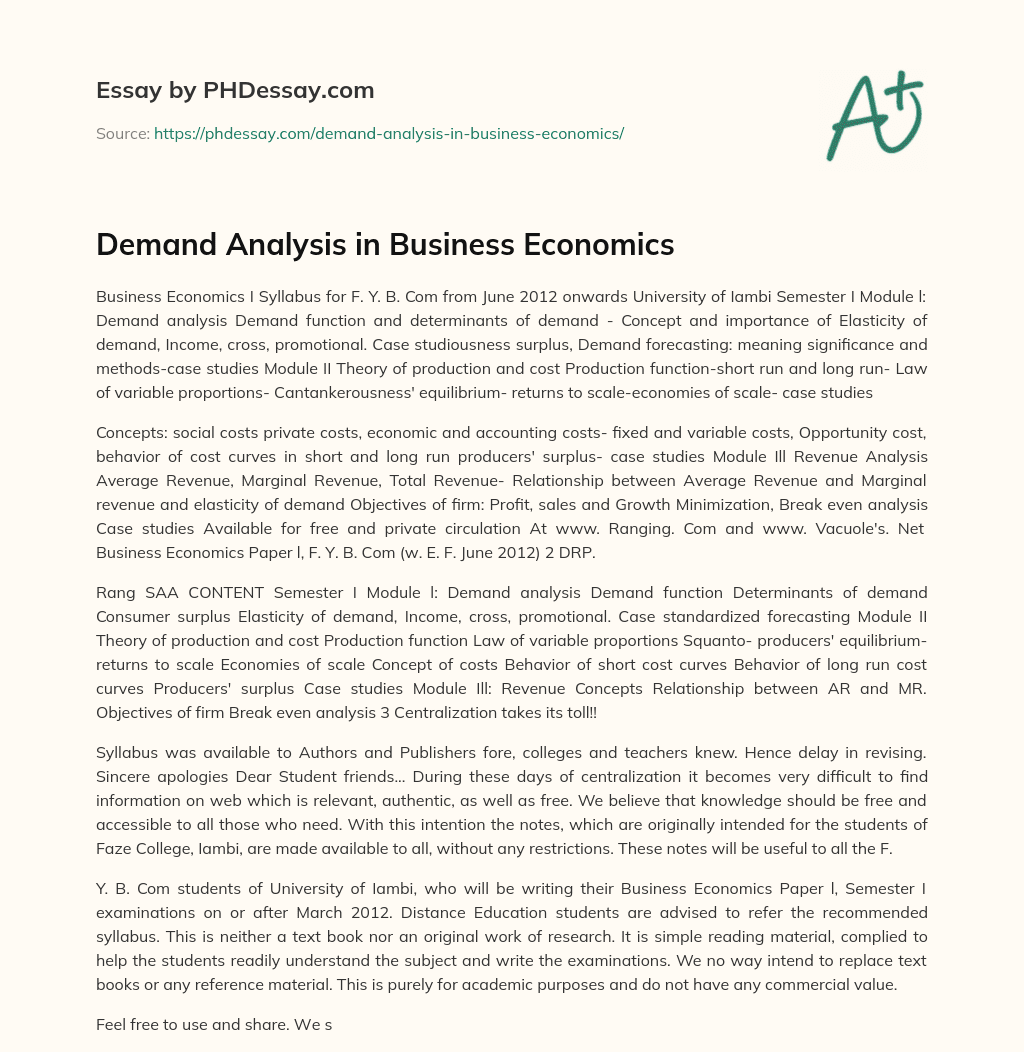 Demand Analysis in Business Economics essay
