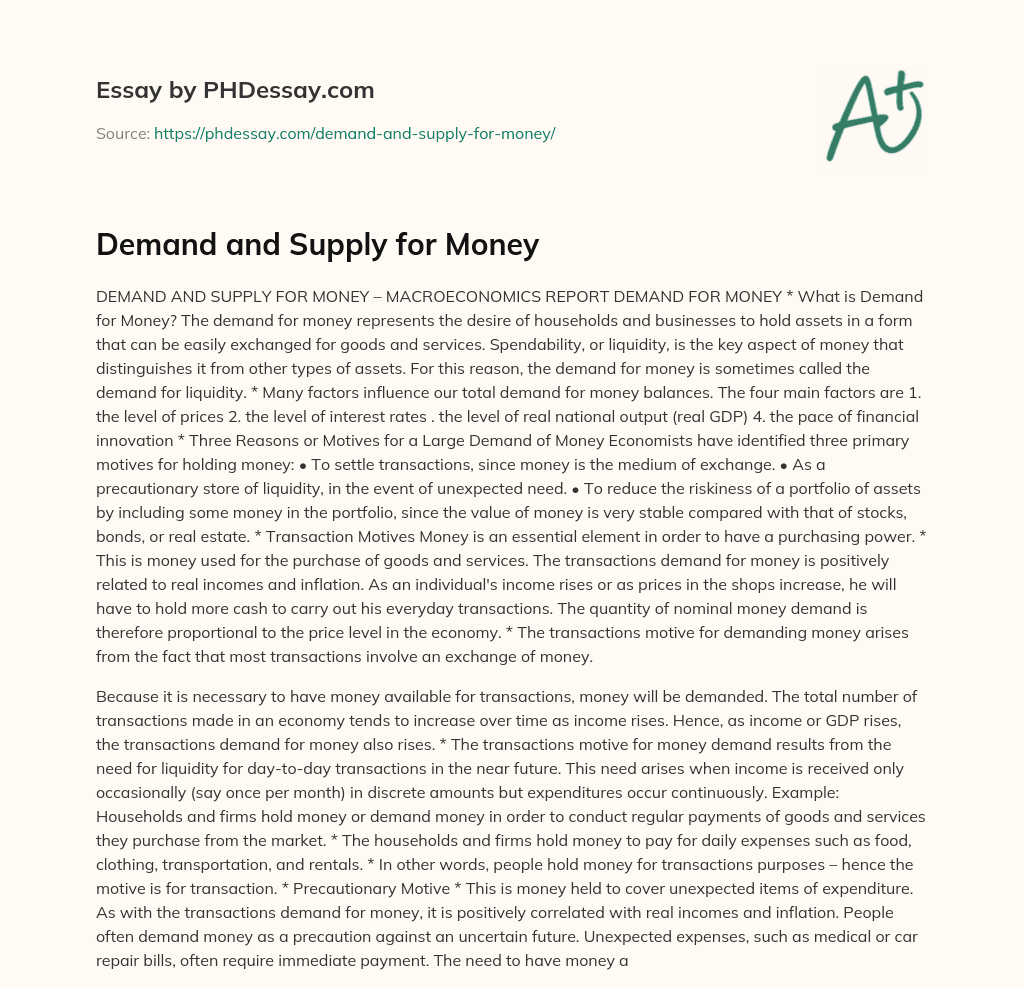 Demand and Supply for Money essay