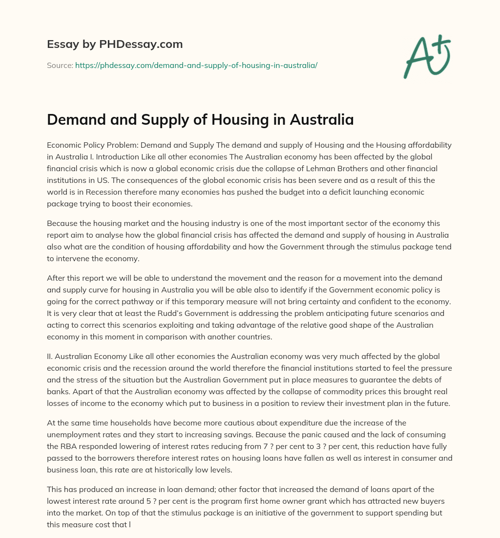 Demand and Supply of Housing in Australia essay