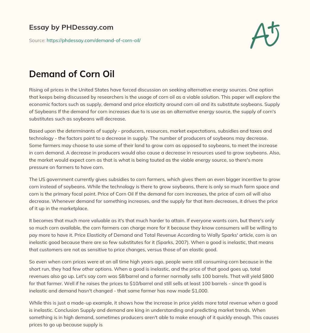 Demand of Corn Oil essay