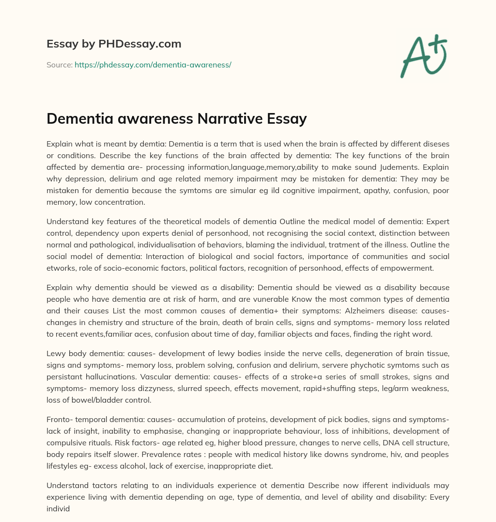 critical analysis essay on dementia
