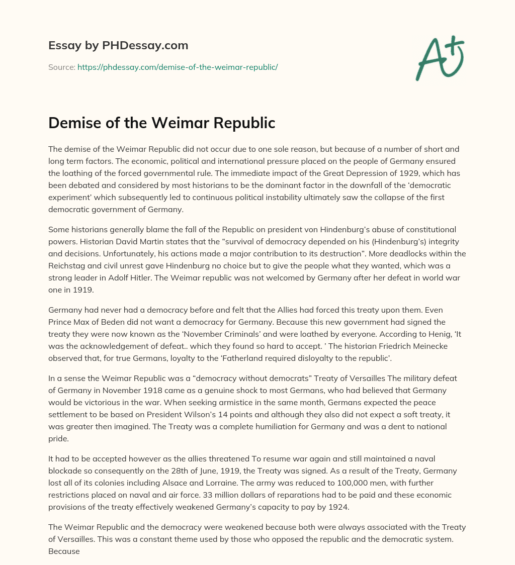 Demise of the Weimar Republic essay