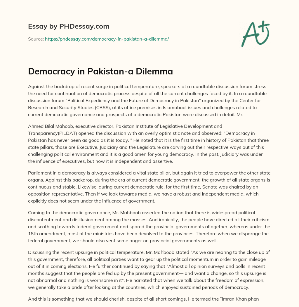 Democracy in Pakistan-a Dilemma essay