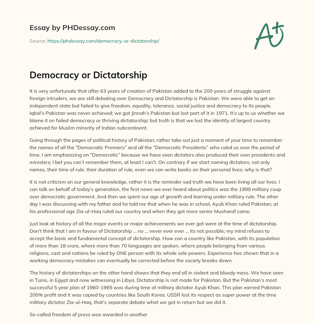 Democracy or Dictatorship essay