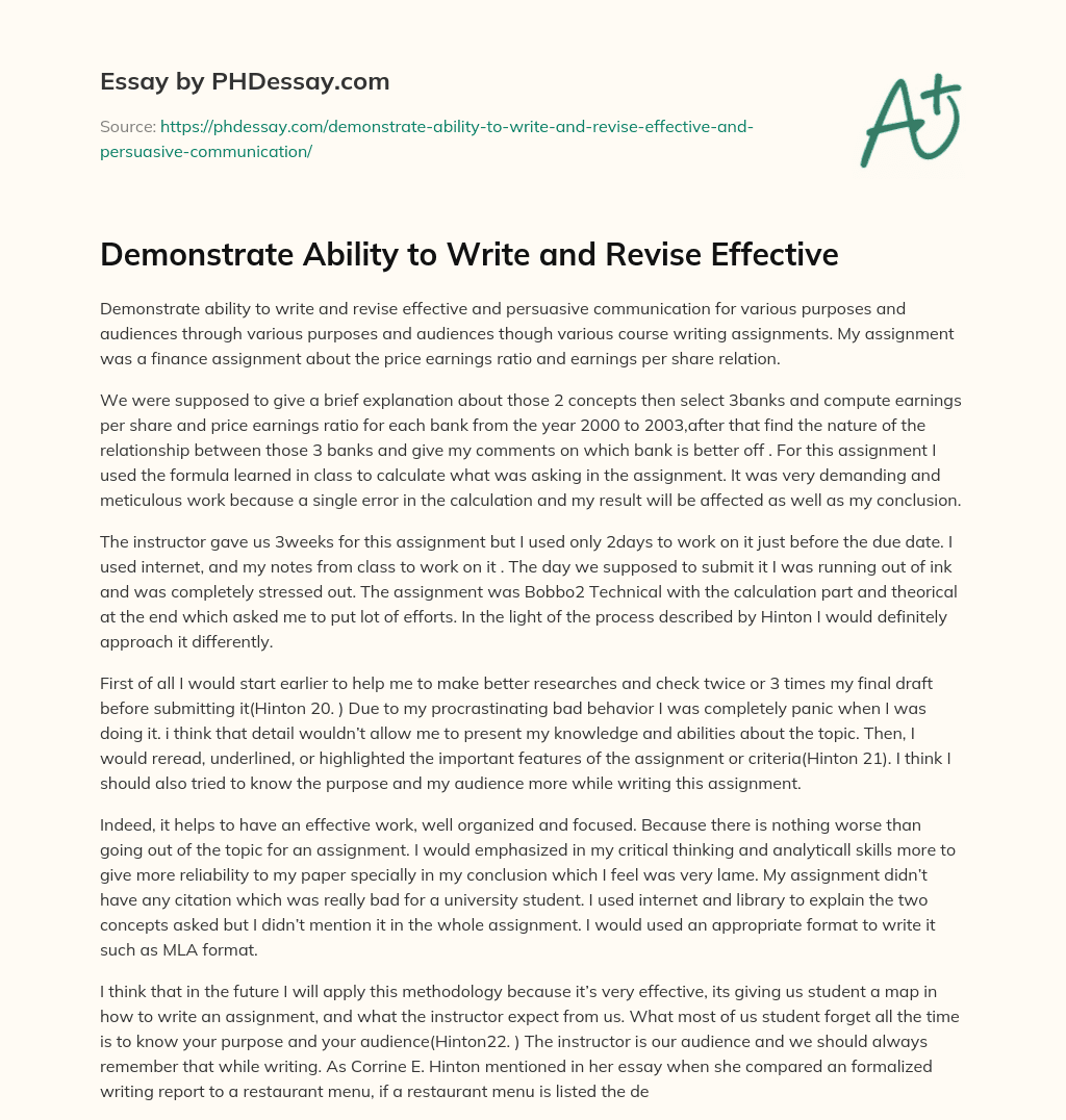 Demonstrate Ability to Write and Revise Effective essay