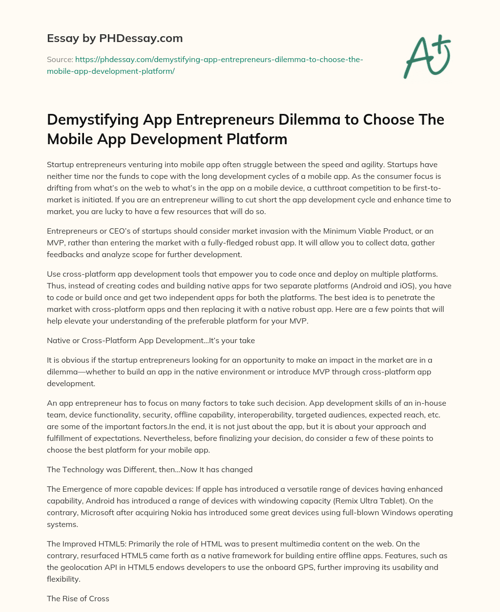 Demystifying App Entrepreneurs Dilemma to Choose The Mobile App Development Platform essay
