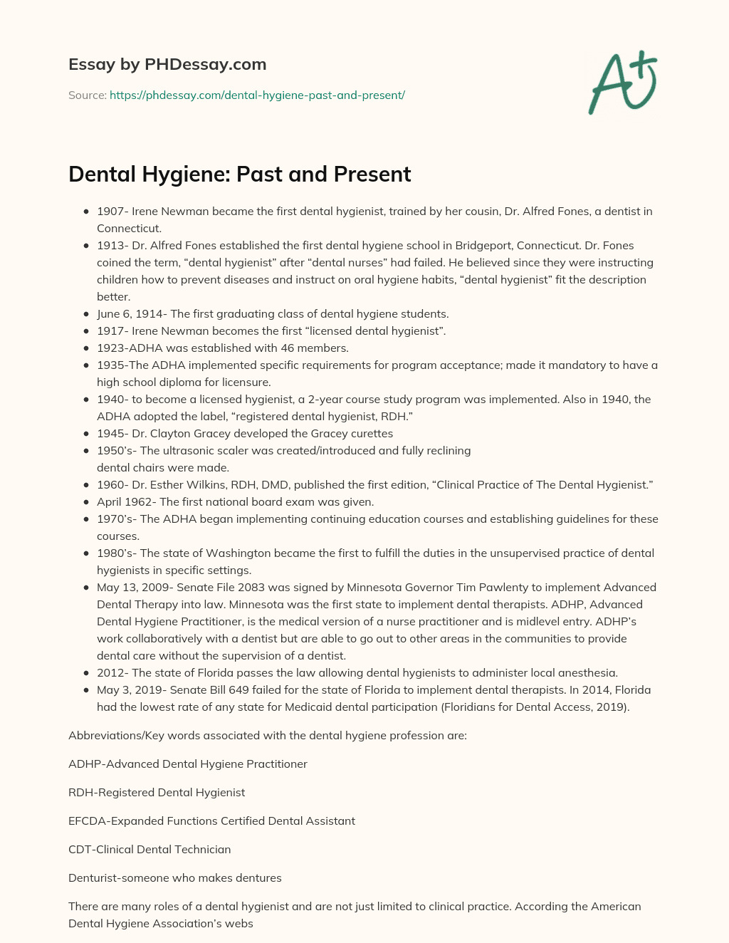Dental Hygiene Past and Present