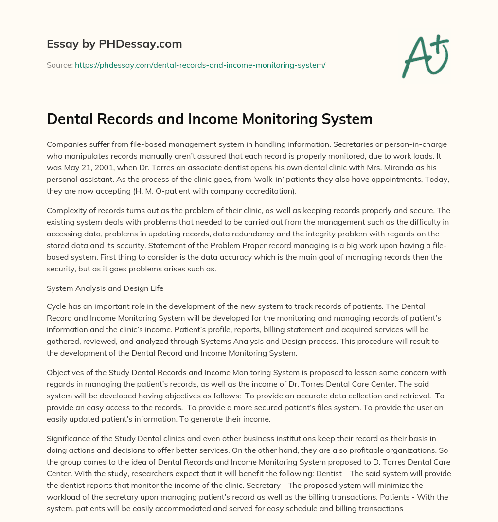 Dental Records and Income Monitoring System essay