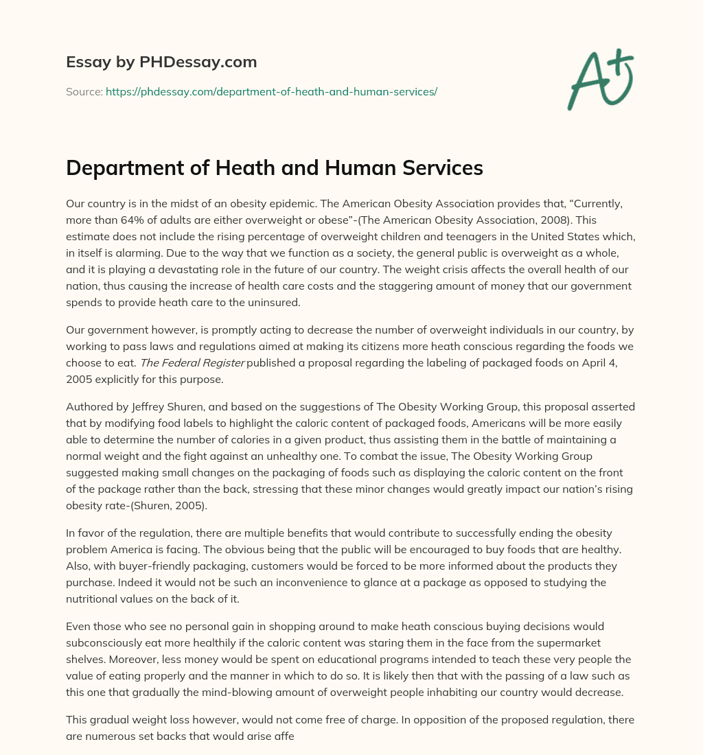 Department of Heath and Human Services essay