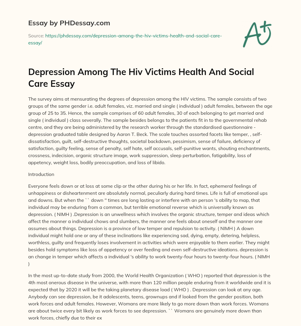 Depression Among The Hiv Victims Health And Social Care Essay essay