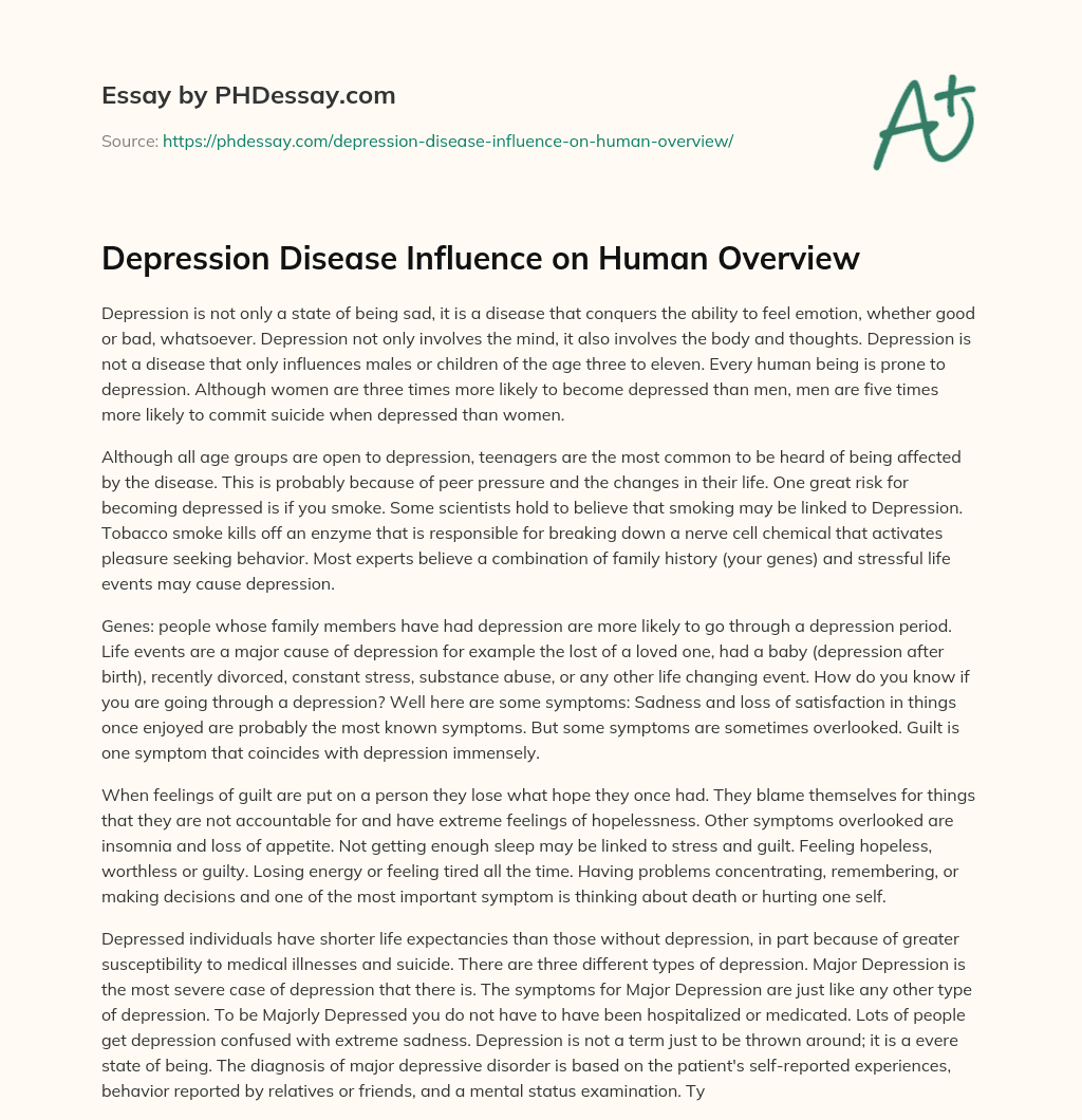 Depression Disease Influence on Human Overview essay