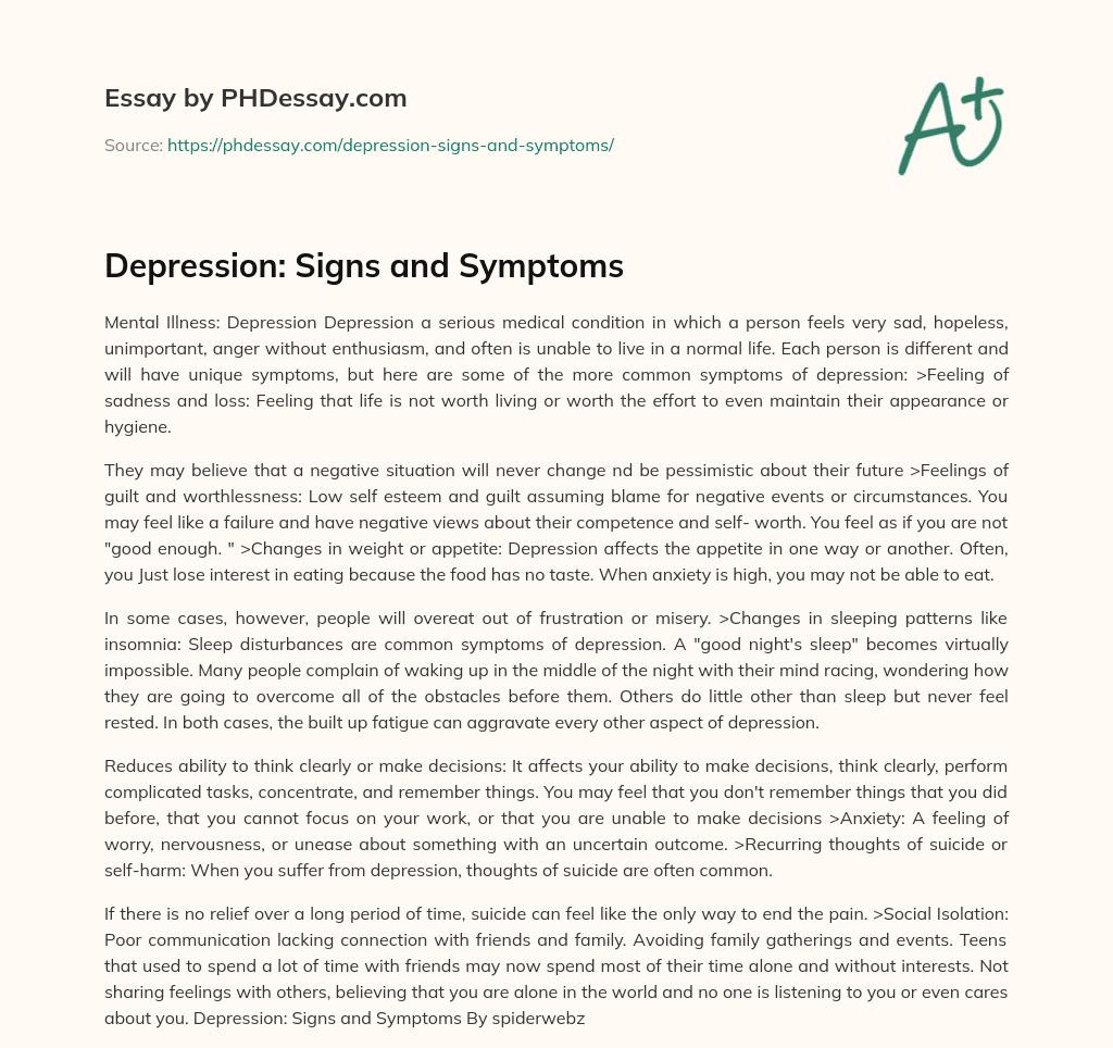 depression symptoms essay