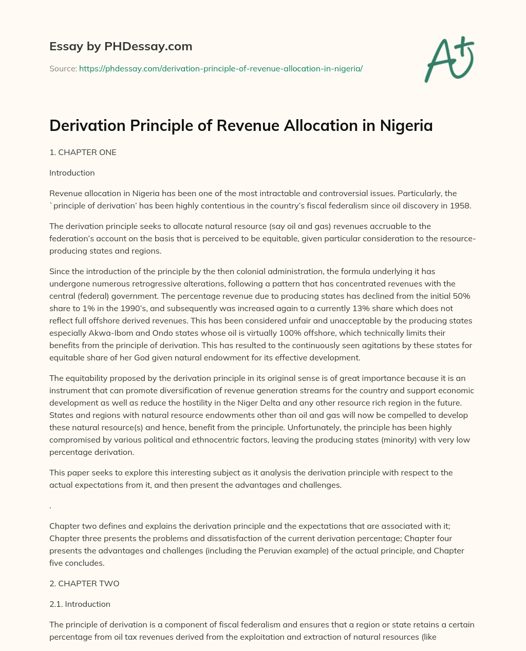 Derivation Principle of Revenue Allocation in Nigeria