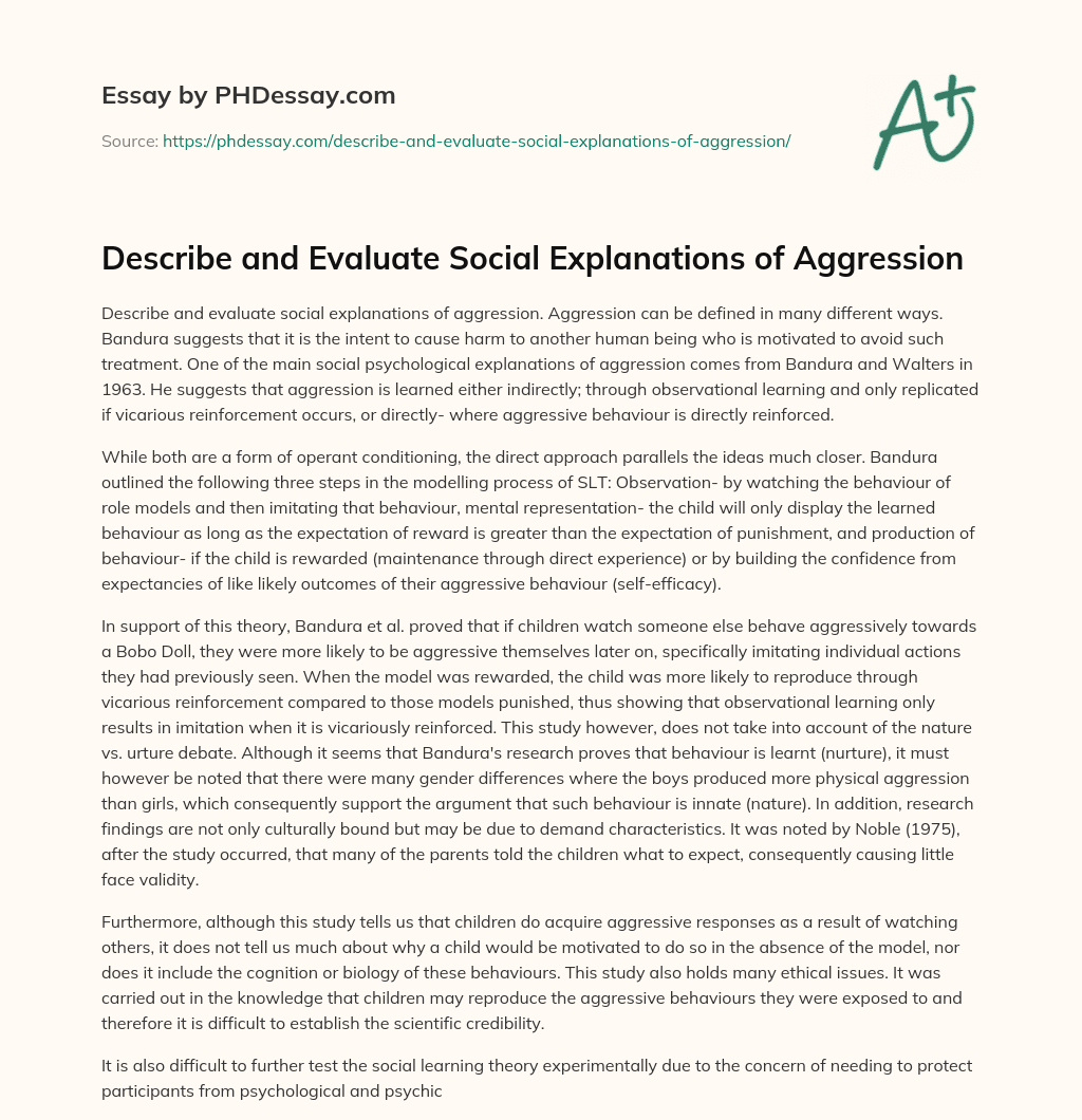 Describe and Evaluate Social Explanations of Aggression essay