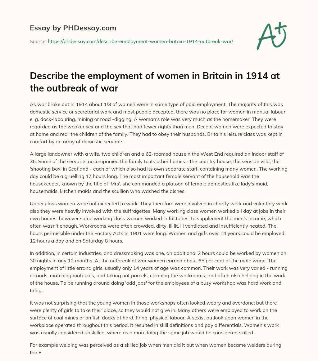 Describe the employment of women in Britain in 1914 at the outbreak of war essay