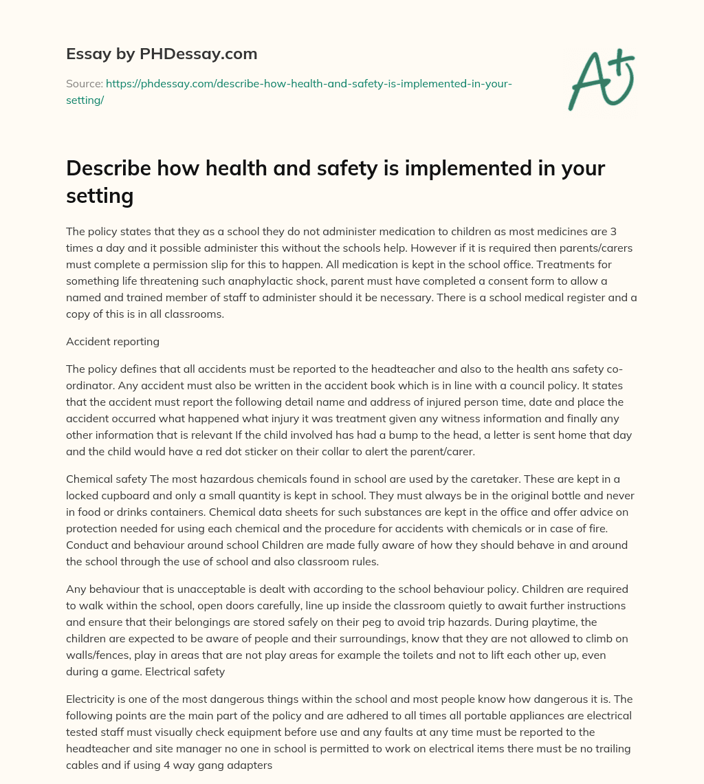 Describe how health and safety is implemented in your setting essay