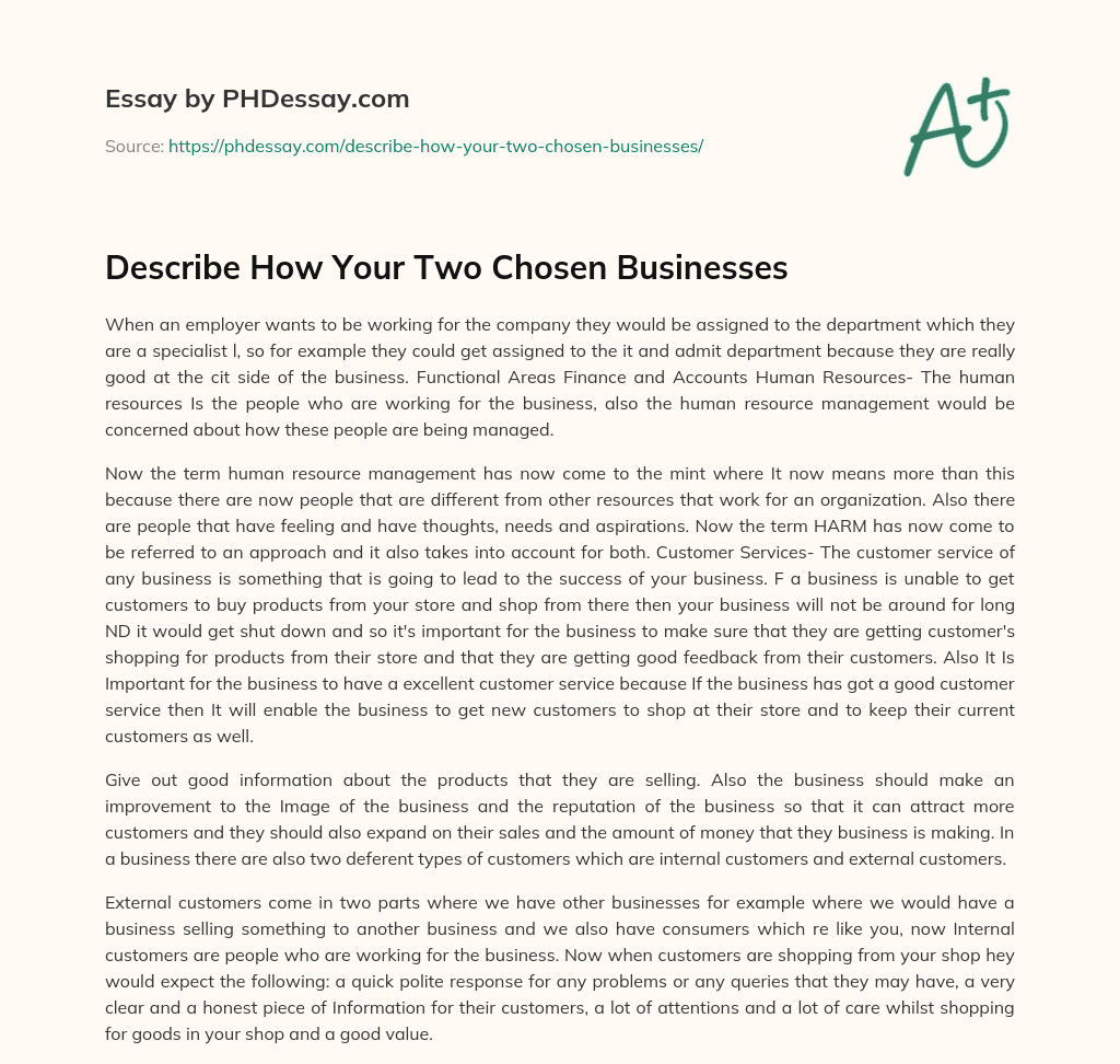 Describe How Your Two Chosen Businesses essay