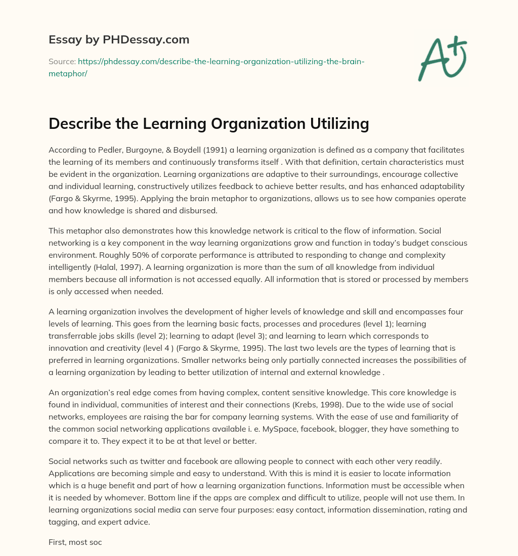 Describe the Learning Organization Utilizing essay