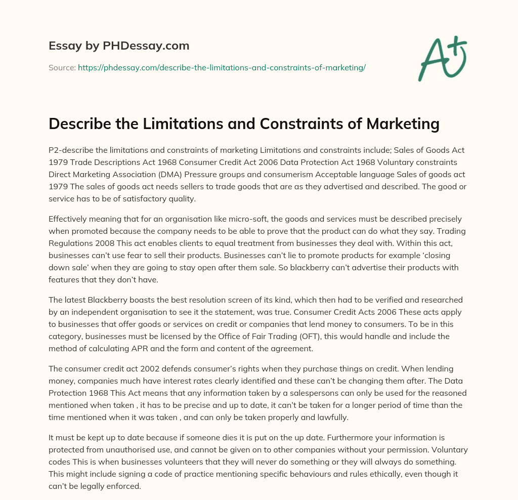 Describe the Limitations and Constraints of Marketing essay