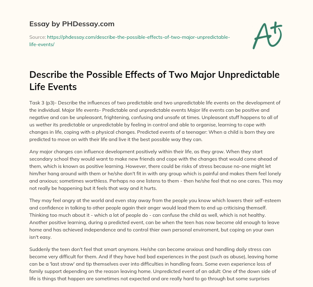Describe the Possible Effects of Two Major Unpredictable Life Events essay