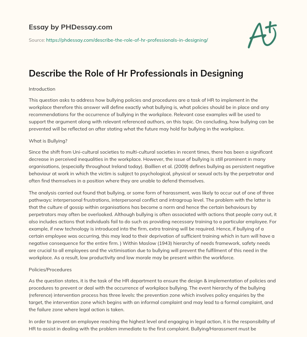 Describe the Role of Hr Professionals in Designing essay