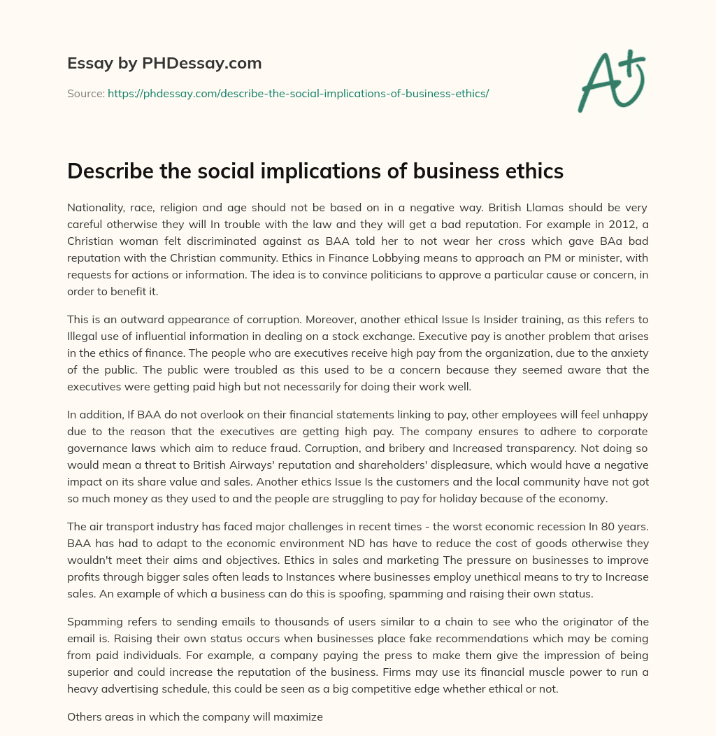 Describe the social implications of business ethics essay