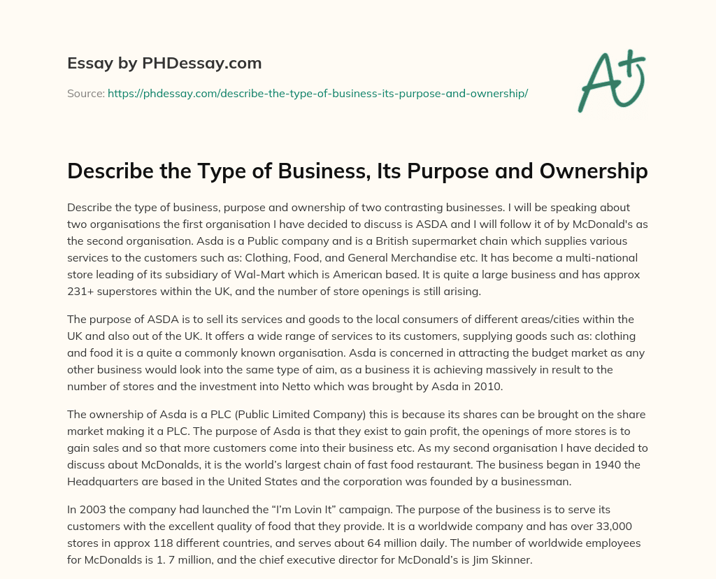 Describe the Type of Business, Its Purpose and Ownership essay