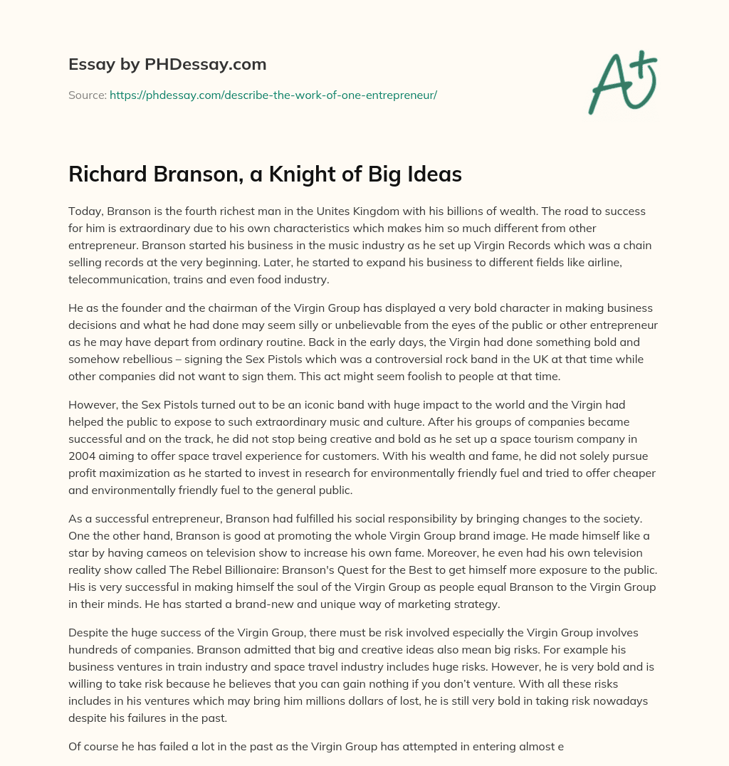 Richard Branson, a Knight of Big Ideas essay