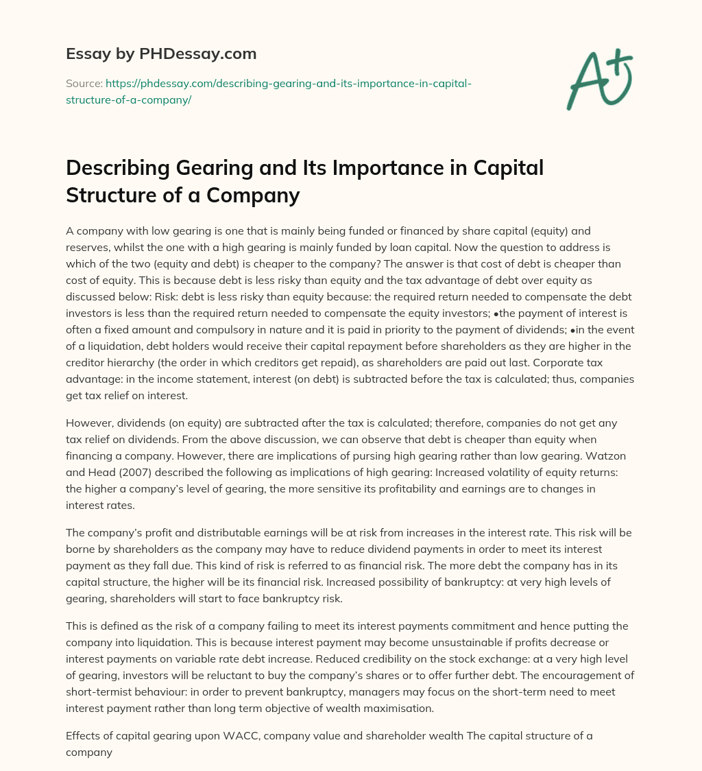 Describing Gearing and Its Importance in Capital Structure of a Company essay