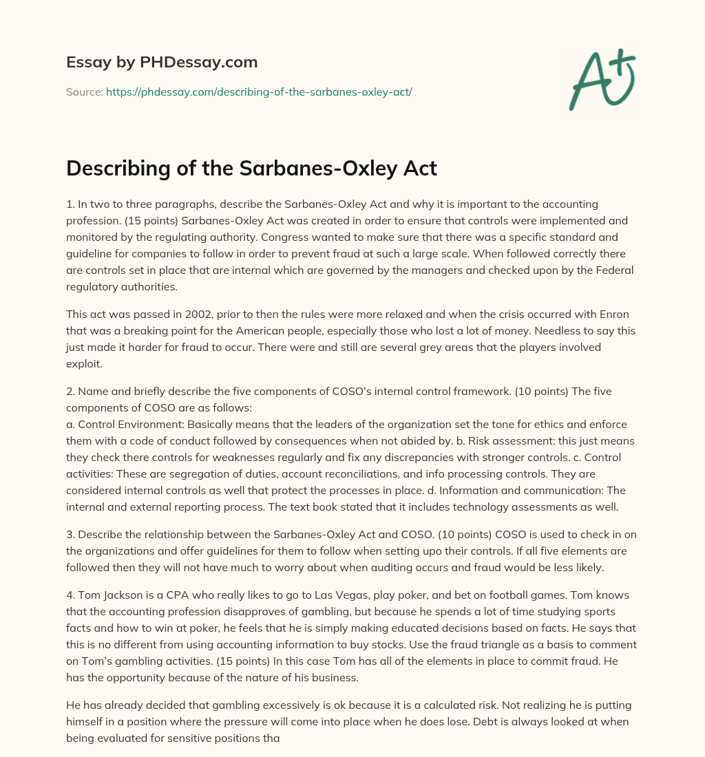 Describing of the Sarbanes-Oxley Act essay