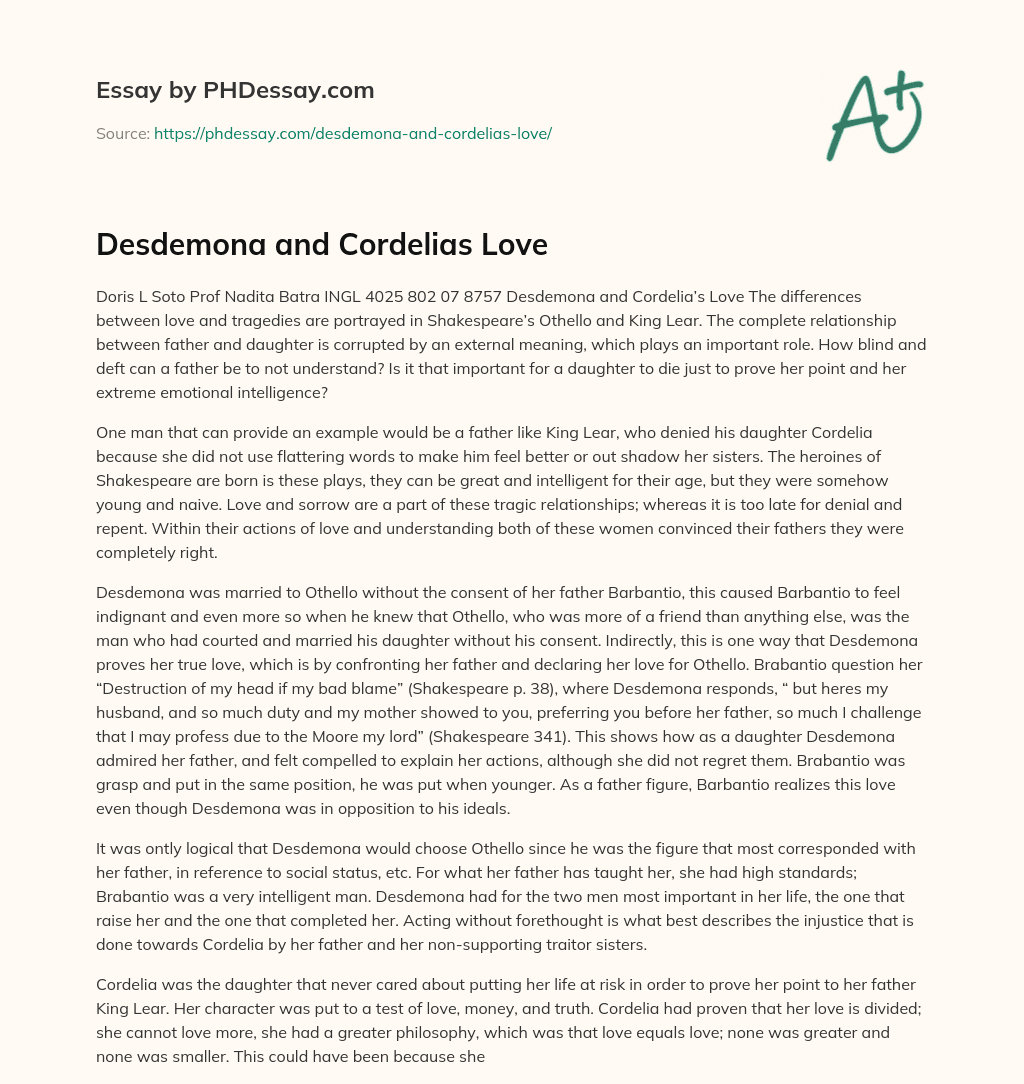 Desdemona and Cordelias Love essay