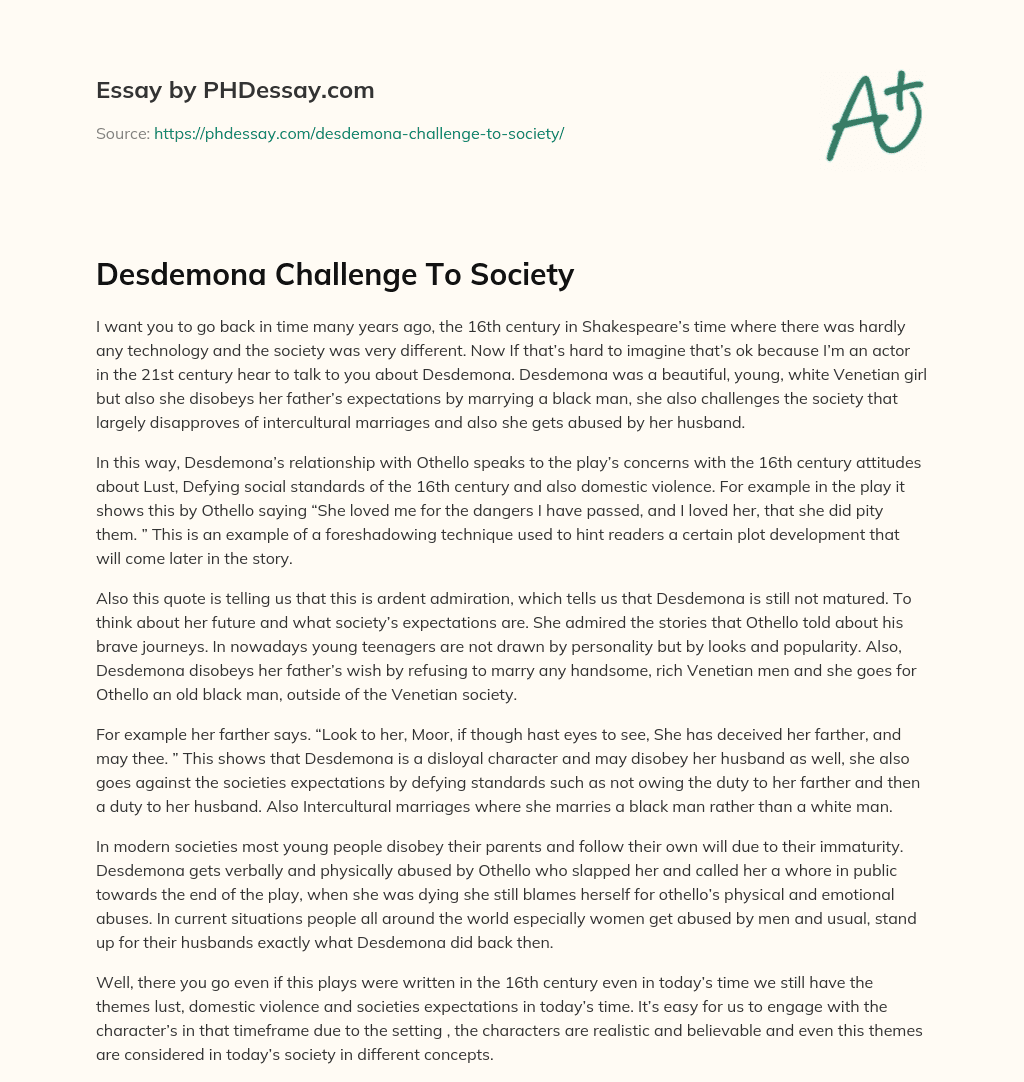 Desdemona Challenge To Society essay