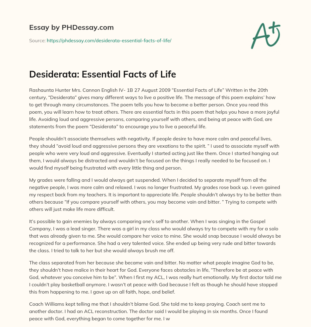 Desiderata: Essential Facts of Life essay