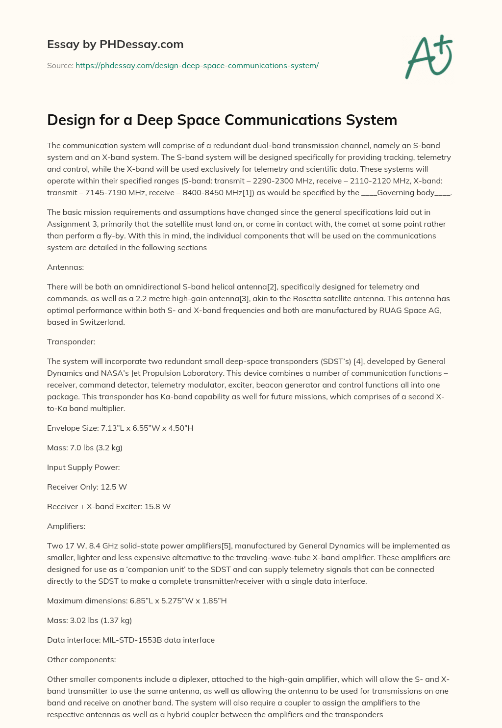 Design for a Deep Space Communications System essay