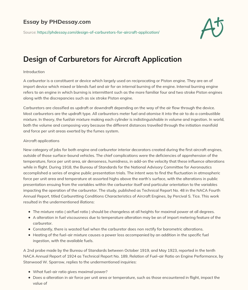 Design of Carburetors for Aircraft Application essay