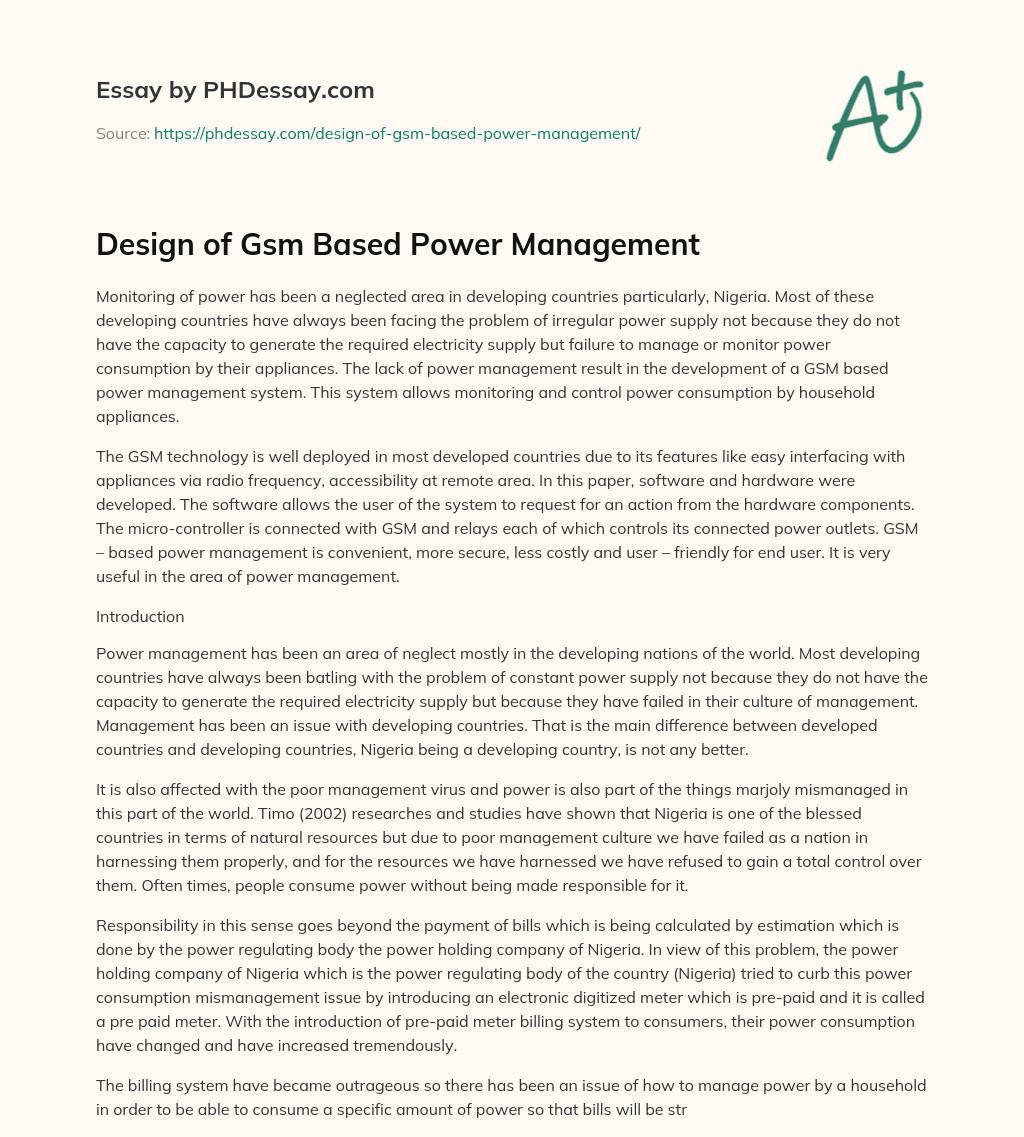 Design of Gsm Based Power Management essay