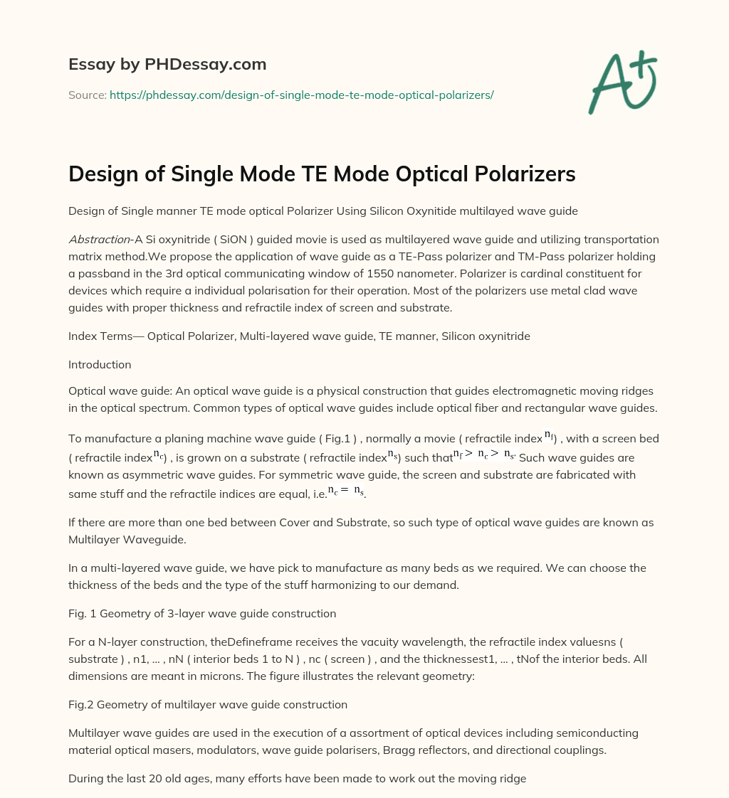 Design of Single Mode TE Mode Optical Polarizers essay
