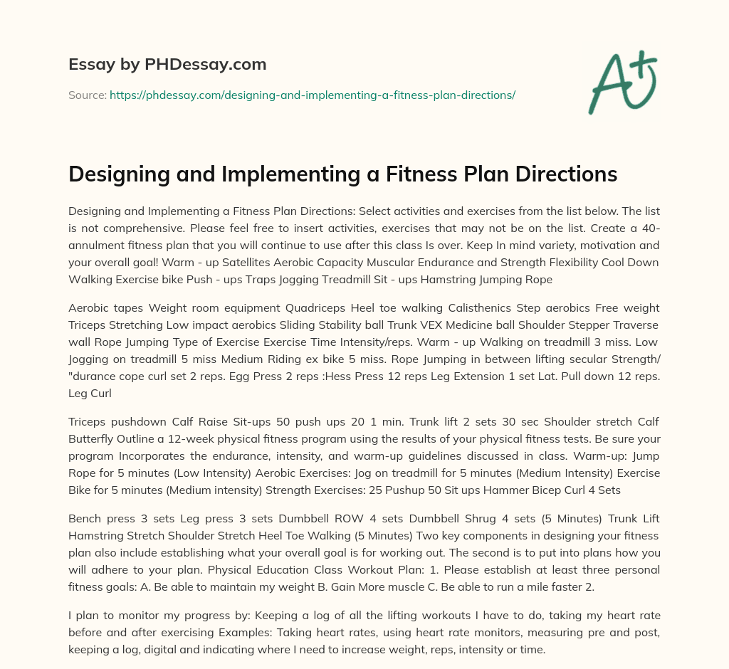 Designing and Implementing a Fitness Plan Directions essay