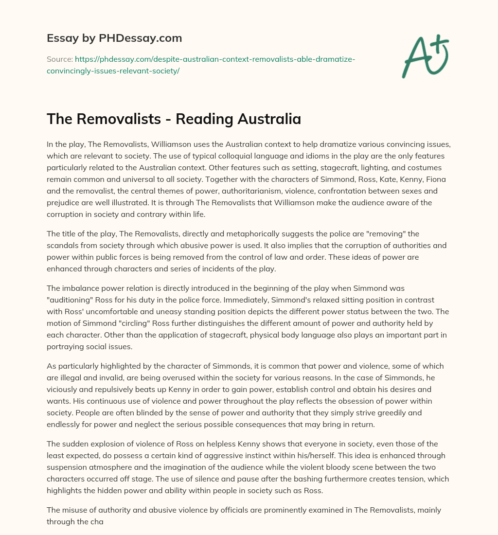 The Removalists – Reading Australia essay