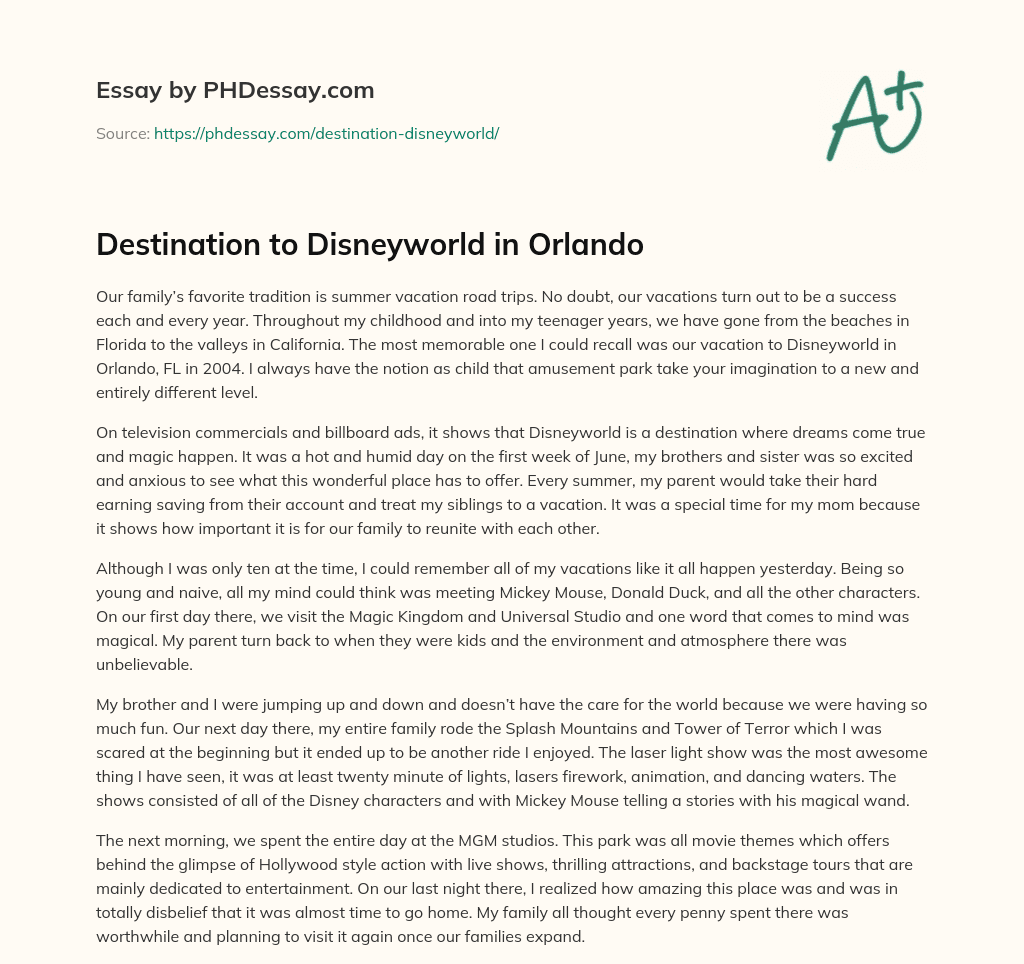 Destination to Disneyworld in Orlando essay