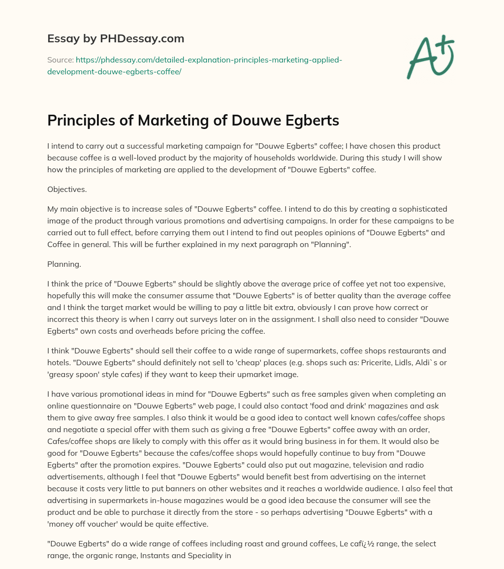 Principles of Marketing of Douwe Egberts essay