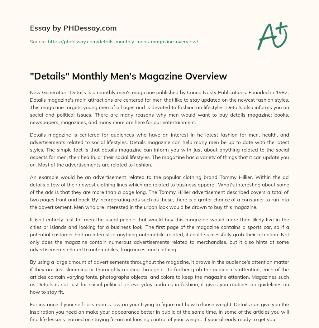 “Details” Monthly Men’s Magazine Overview essay