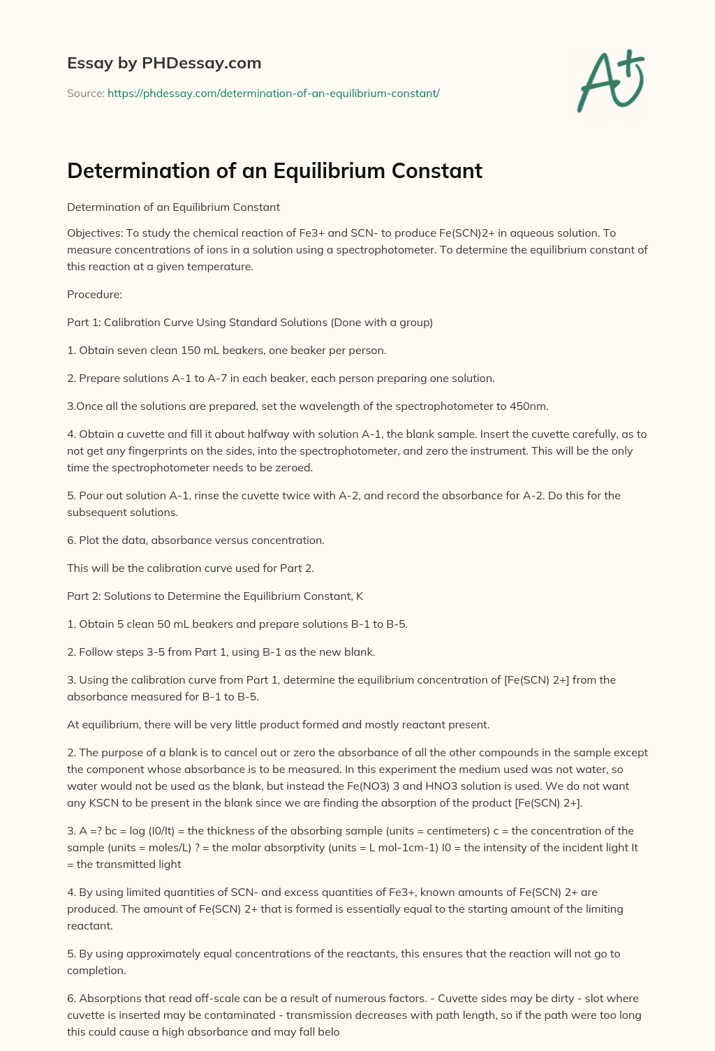 Determination of an Equilibrium Constant essay