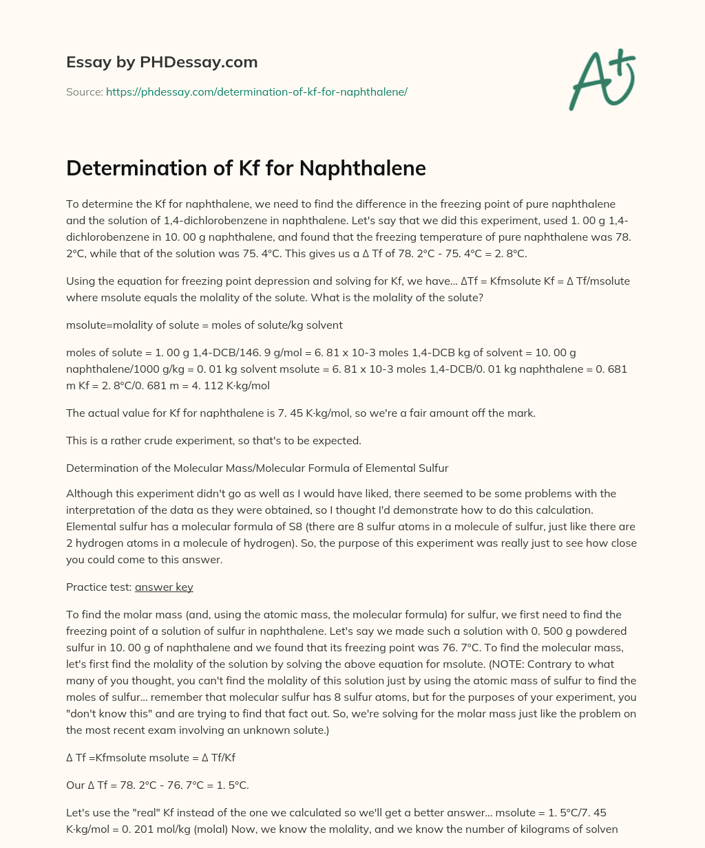 Determination of Kf for Naphthalene essay