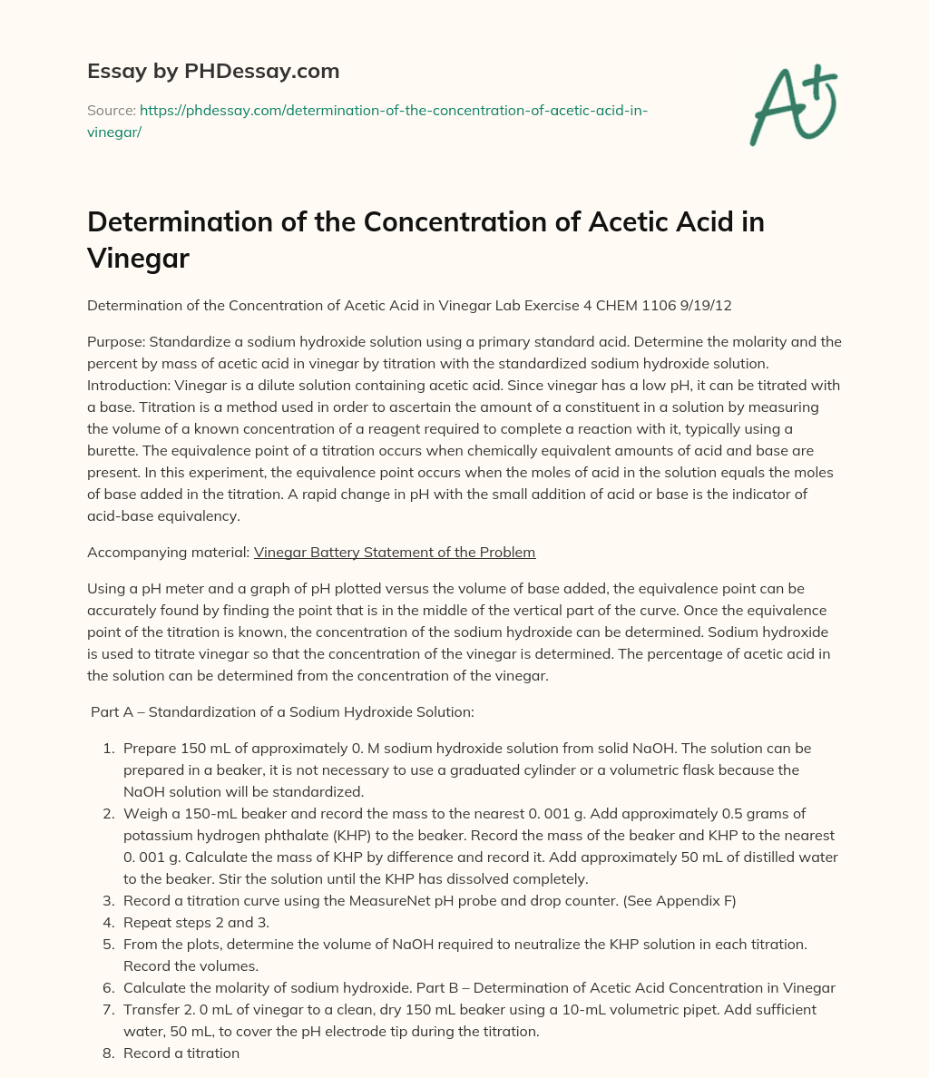 Determination of the Concentration of Acetic Acid in Vinegar essay
