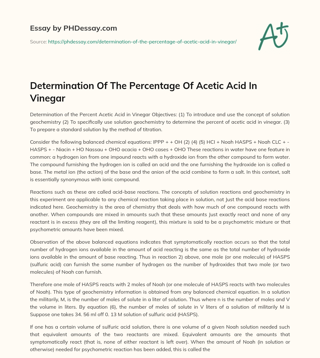 Determination Of The Percentage Of Acetic Acid In Vinegar essay