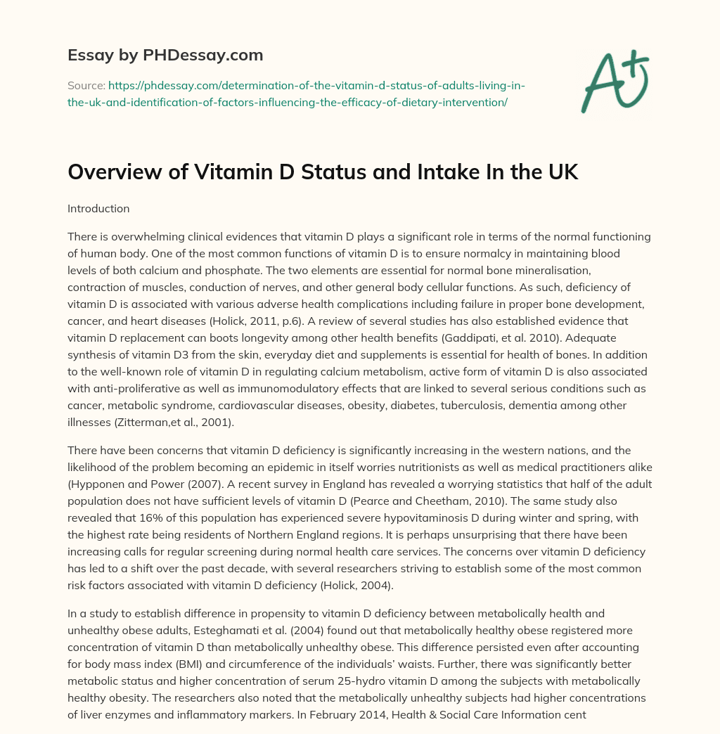 Overview of Vitamin D Status and Intake In the UK essay