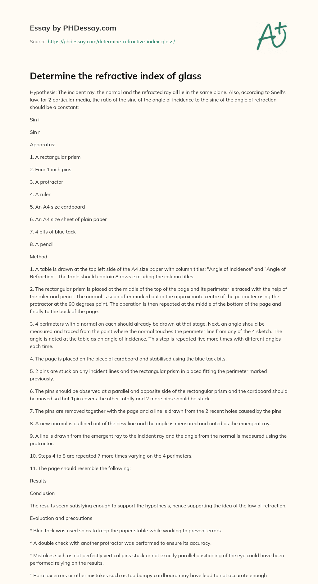 Determine the refractive index of glass essay